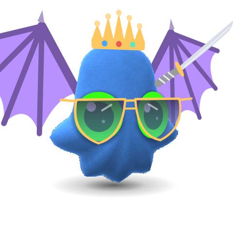 A blue velvet Baddi in a crown and aviators, with dragon wings and a katana