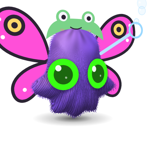 A purple furry Baddi in the Frog Hood with butterfly wings and a bubble wand