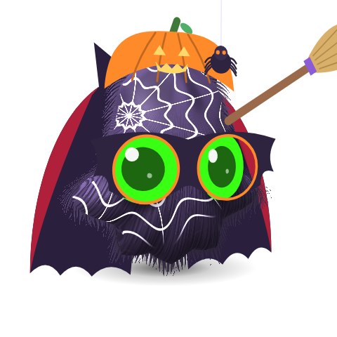A Baddi in the full Halloween Bundle: Pumpkin Hood, Bat Mask, Dangling Spider, Vampire Cape, Witch Broom and the Spiderweb pattern