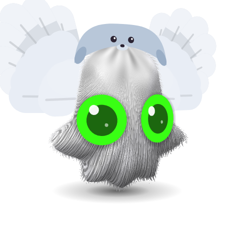 A white furry Baddi in the Seal Hood with angel wings