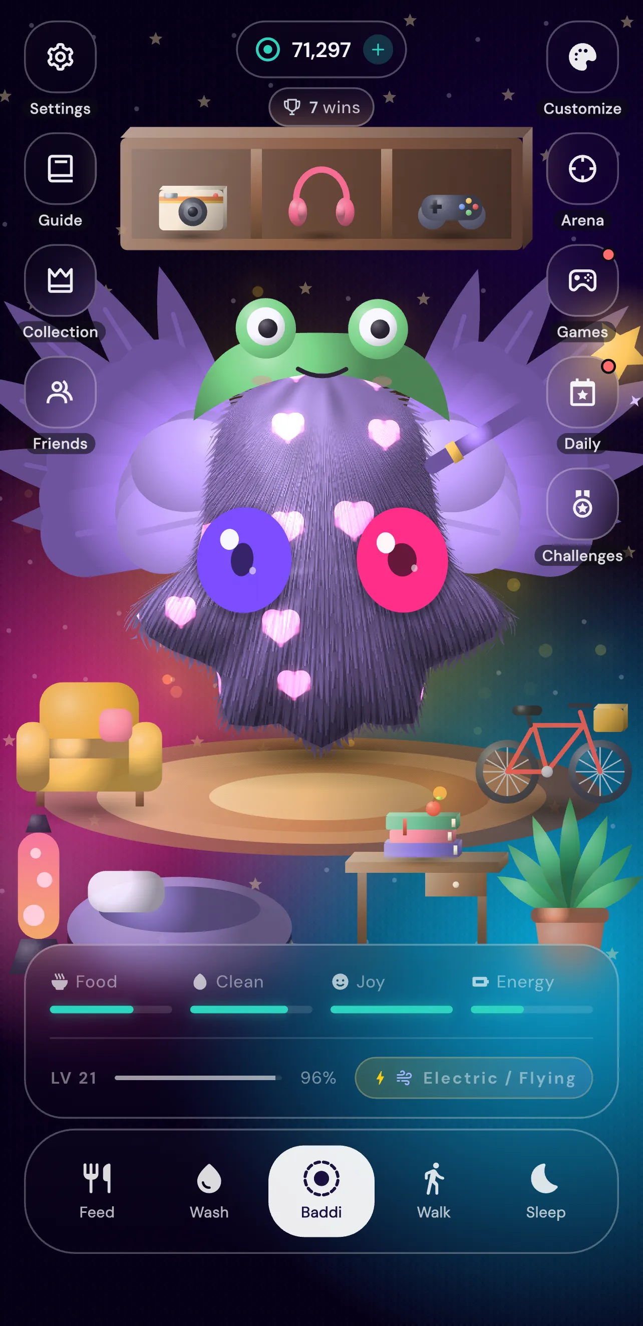 The Baddi app: a furry 3D Baddi in a frog hood in its furnished room, with its Food, Clean, Joy and Energy meters on screen