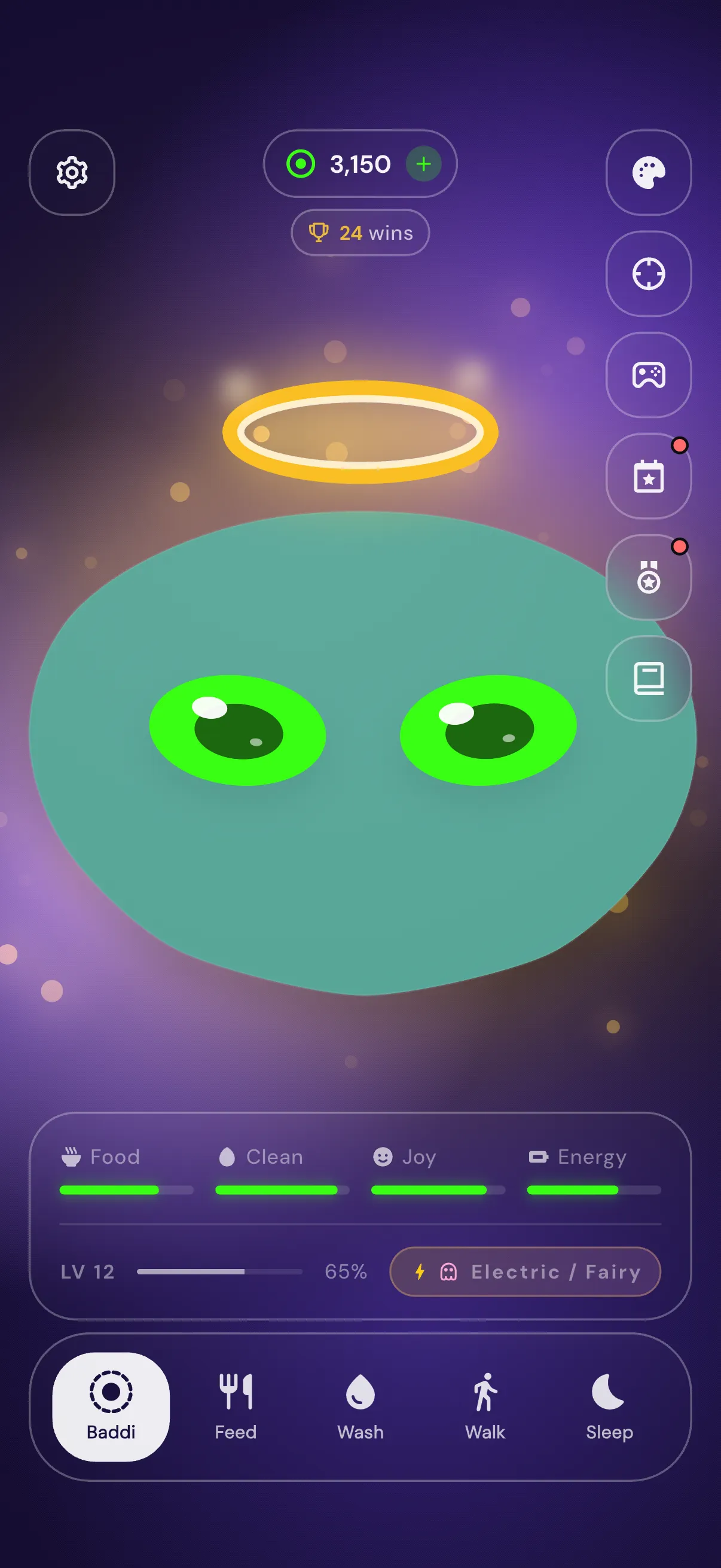 The Baddi app showing a hatched pal with its Food, Clean, Joy and Energy meters on screen